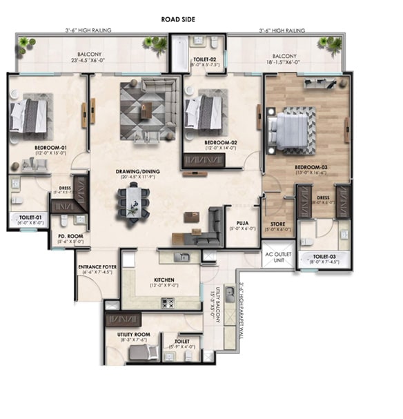 three bhk flat plan